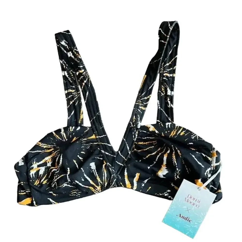 Andie Swim x Demi Moore The Monaco Black Orange Firework Halter Bikini Top NWT